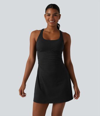 U Neck Built-in Bra 2-Piece Stripe Quick Dry Mini Tennis Active Dress with Pockets-UPF40+