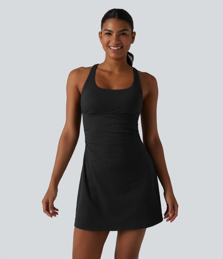 U Neck Built-in Bra 2-Piece Stripe Quick Dry Mini Tennis Active Dress with Pockets-UPF40+