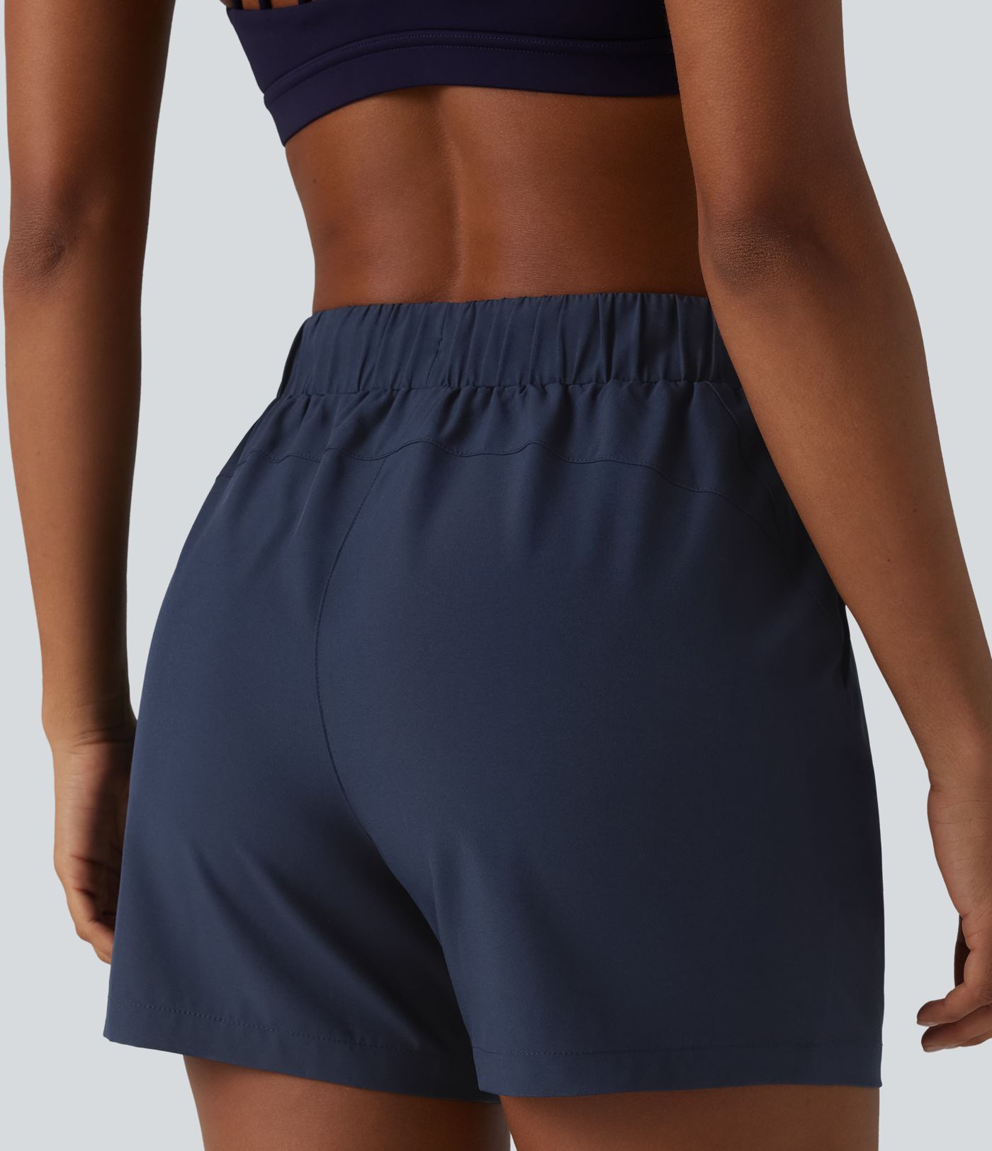 High Waisted Elastic Waistband Drawstring Pleated Yoga Shorts 5" with Pockets