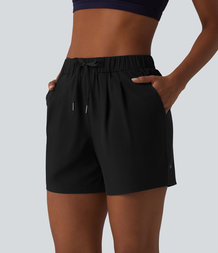 High Waisted Elastic Waistband Drawstring Pleated Yoga Shorts 5" with Pockets