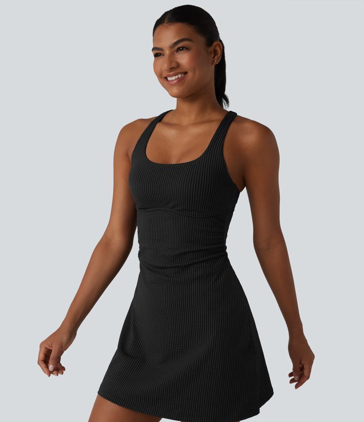 U Neck Built-in Bra 2-Piece Stripe Quick Dry Mini Tennis Active Dress with Pockets-UPF40+