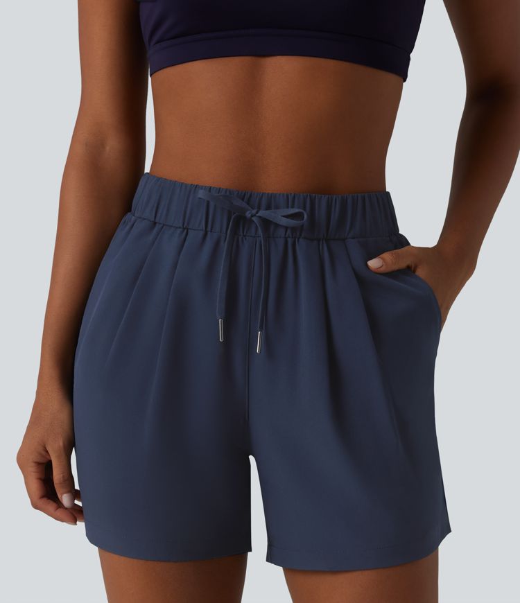 High Waisted Elastic Waistband Drawstring Pleated Yoga Shorts 5" with Pockets
