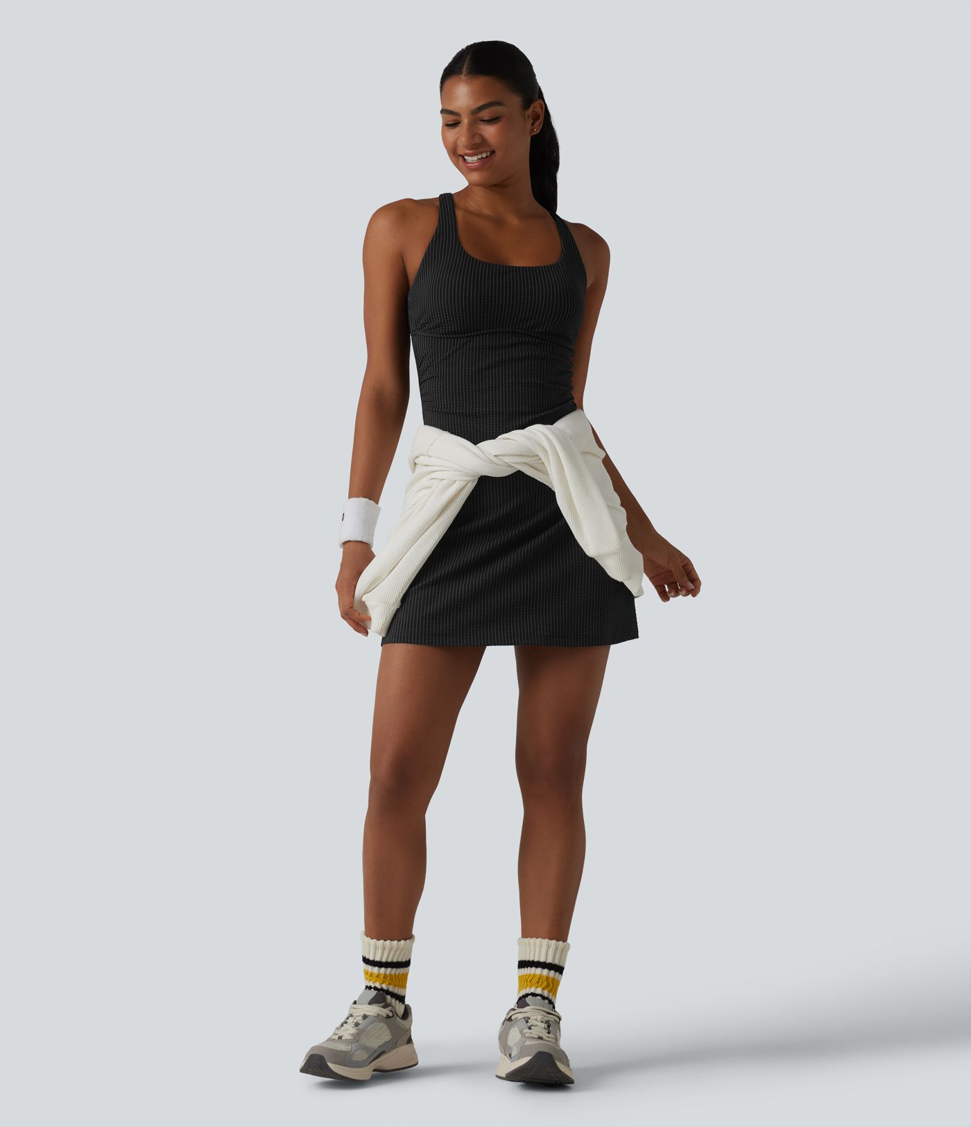 U Neck Built-in Bra 2-Piece Stripe Quick Dry Mini Tennis Active Dress with Pockets-UPF40+