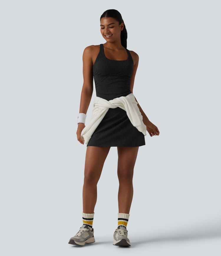 U Neck Built-in Bra 2-Piece Stripe Quick Dry Mini Tennis Active Dress with Pockets-UPF40+