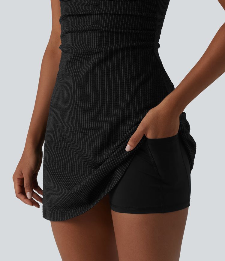 U Neck Built-in Bra 2-Piece Stripe Quick Dry Mini Tennis Active Dress with Pockets-UPF40+