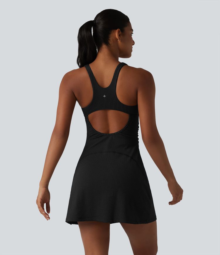 Robe de tennis active mini à rayures, encolure en U, soutien-gorge intégré, 2 pièces, séchage rapide, avec poches - UPF40+
