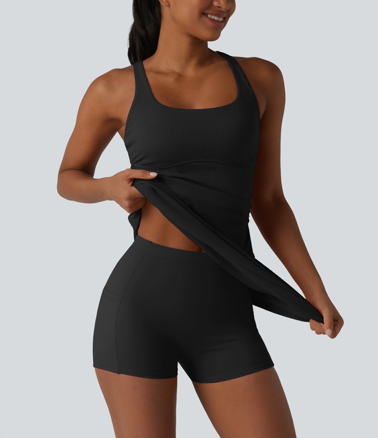 U Neck Built-in Bra 2-Piece Stripe Quick Dry Mini Tennis Active Dress with Pockets-UPF40+