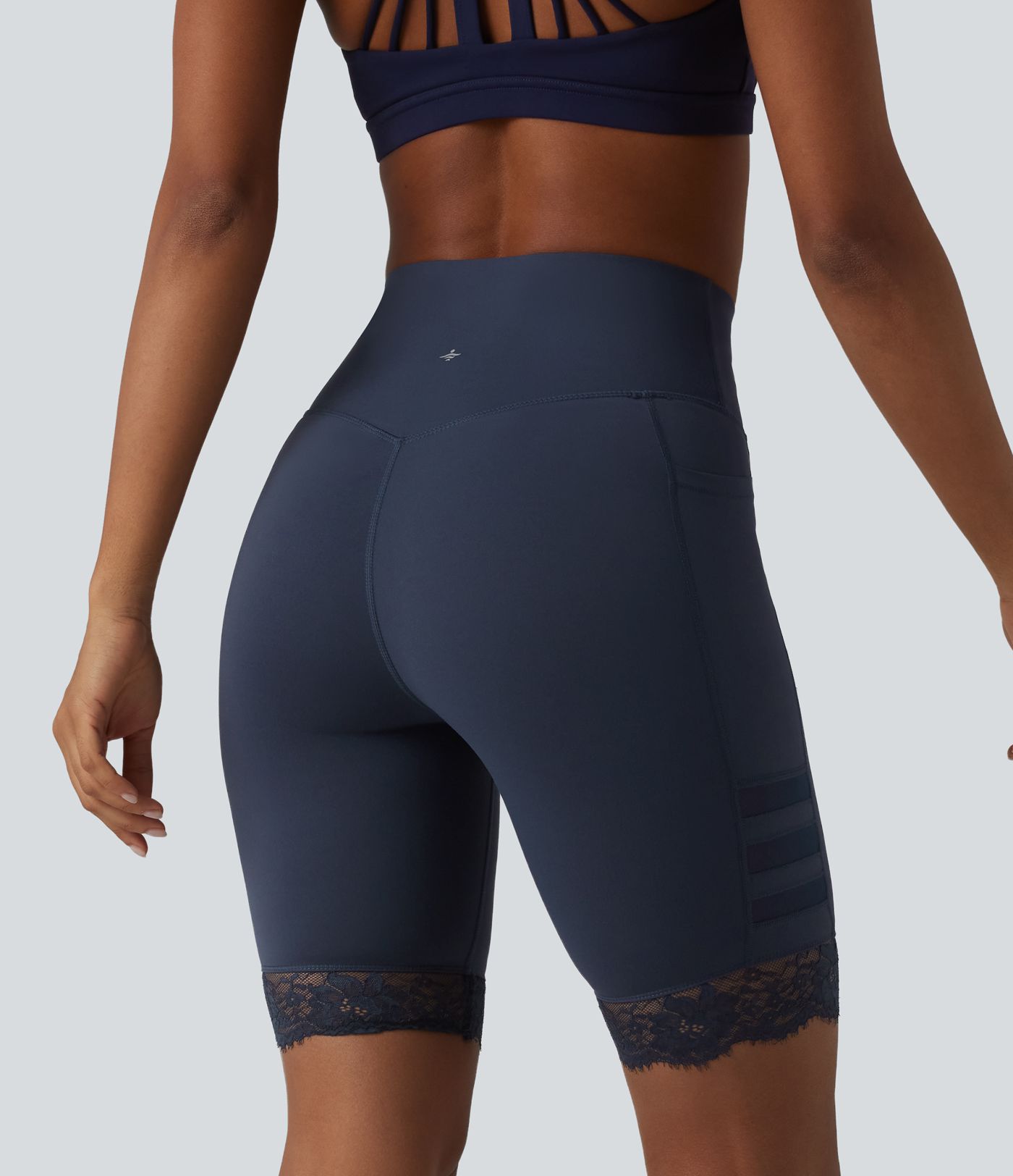 Halara UltraSculpt™ High Waisted Tummy Control Breathable Mesh Contrast Lace Yoag Biker Shorts 9'' with Pockets