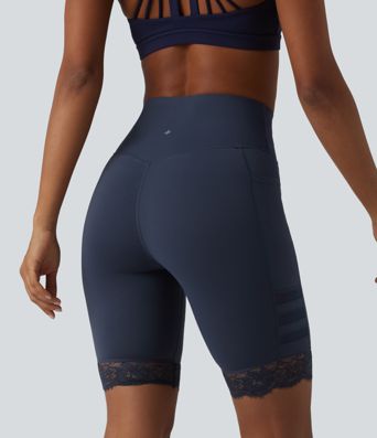 Halara UltraSculpt™ High Waisted Tummy Control Breathable Mesh Contrast Lace Yoag Biker Shorts 9'' with Pockets