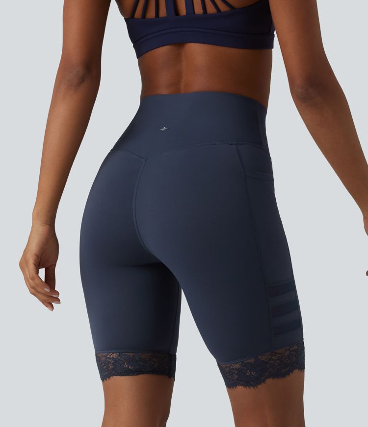Halara UltraSculpt™ High Waisted Tummy Control Breathable Mesh Contrast Lace Yoag Biker Shorts 9'' with Pockets