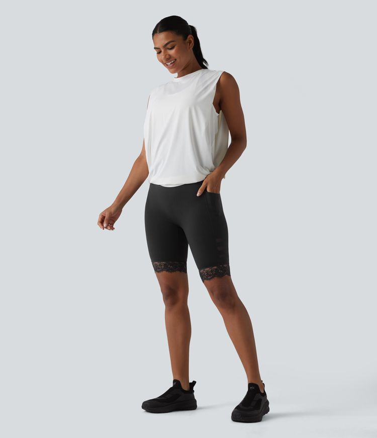 Halara UltraSculpt™ High Waisted Tummy Control Breathable Mesh Contrast Lace Yoag Biker Shorts 9'' with Pockets