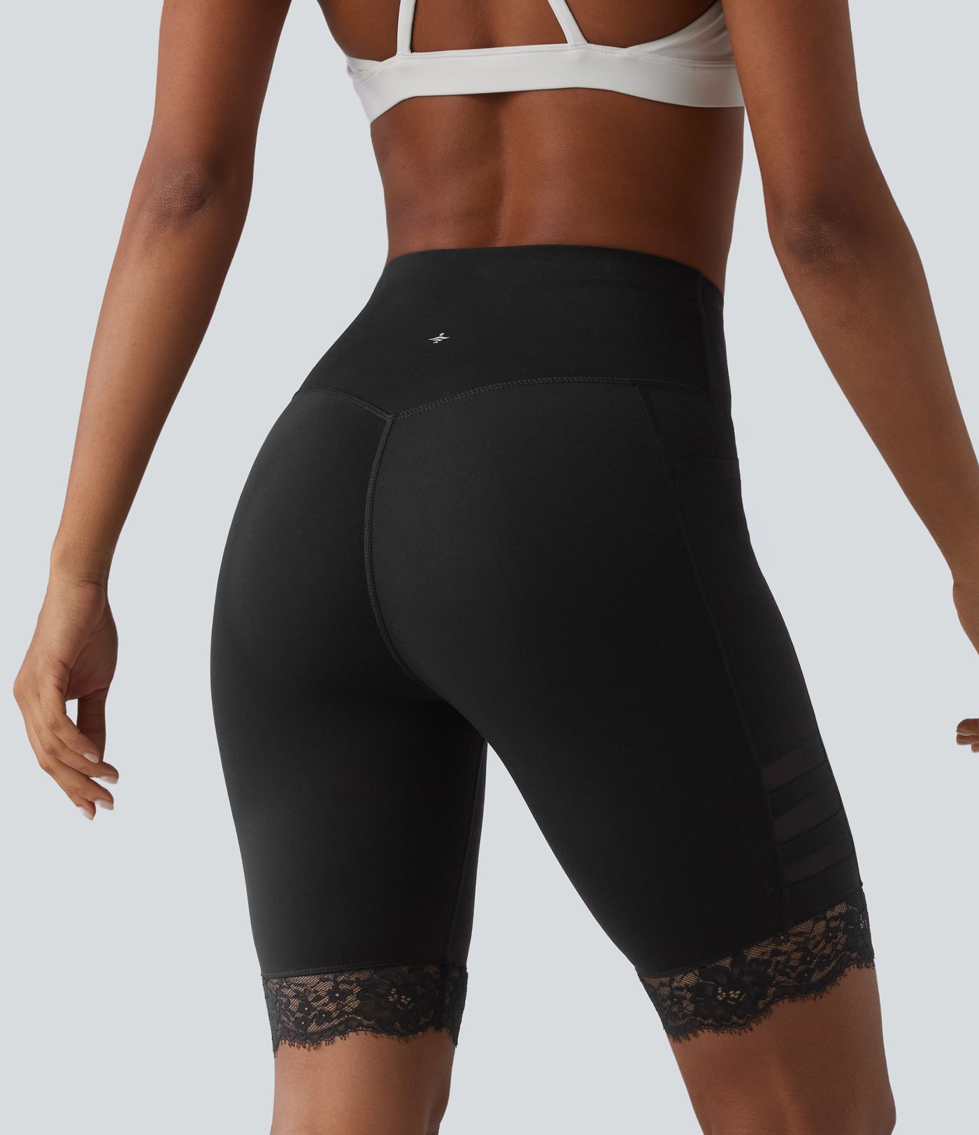 Halara UltraSculpt™ High Waisted Tummy Control Breathable Mesh Contrast Lace Yoag Biker Shorts 9'' with Pockets