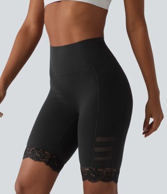 Halara UltraSculpt™ High Waisted Tummy Control Breathable Mesh Contrast Lace Yoag Biker Shorts 9'' with Pockets