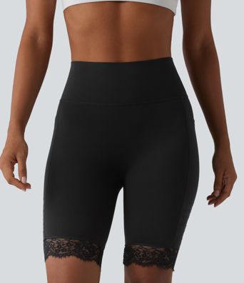 Halara UltraSculpt™ High Waisted Tummy Control Breathable Mesh Contrast Lace Yoag Biker Shorts 9'' with Pockets