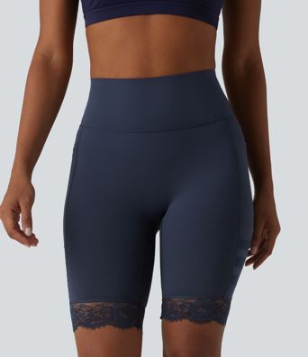 Halara UltraSculpt™ High Waisted Tummy Control Breathable Mesh Contrast Lace Yoag Biker Shorts 9'' with Pockets