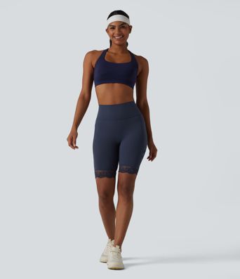 Halara UltraSculpt™ High Waisted Tummy Control Breathable Mesh Contrast Lace Yoag Biker Shorts 9'' with Pockets