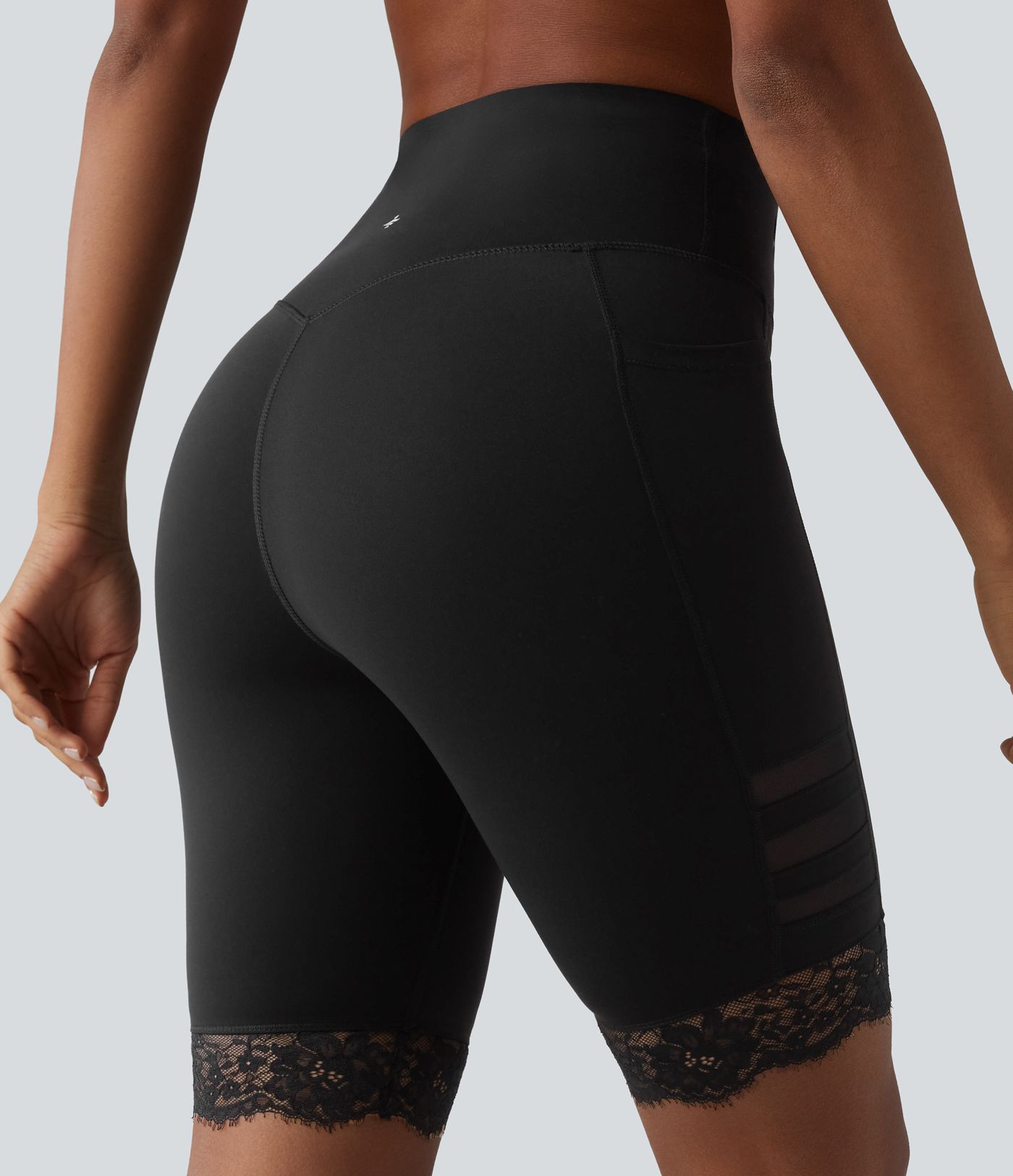 Halara UltraSculpt™ High Waisted Tummy Control Breathable Mesh Contrast Lace Yoag Biker Shorts 9'' with Pockets