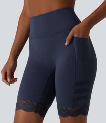 Halara UltraSculpt™ High Waisted Tummy Control Breathable Mesh Contrast Lace Yoag Biker Shorts 9'' with Pockets