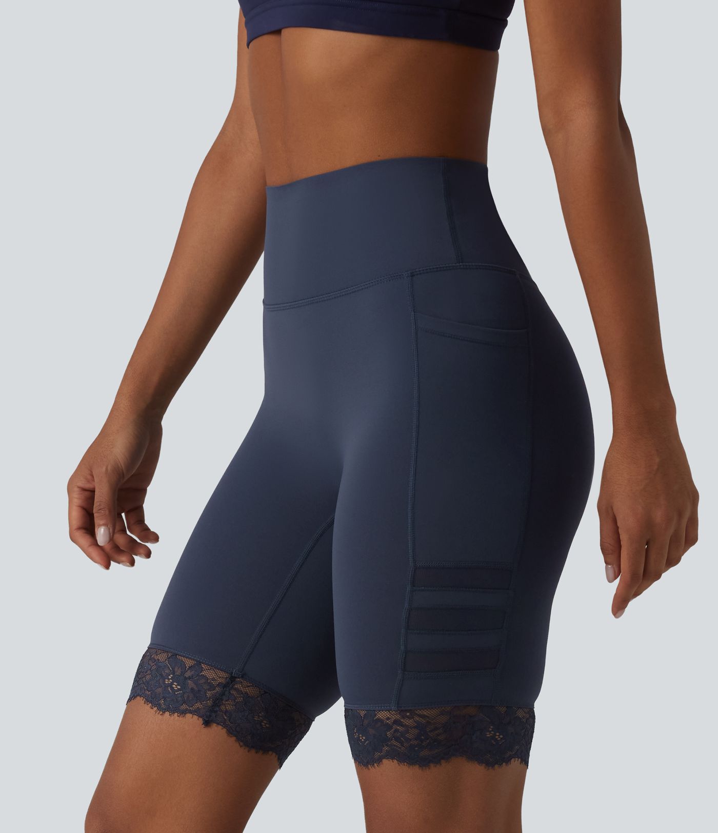 Halara UltraSculpt™ High Waisted Tummy Control Breathable Mesh Contrast Lace Yoag Biker Shorts 9'' with Pockets