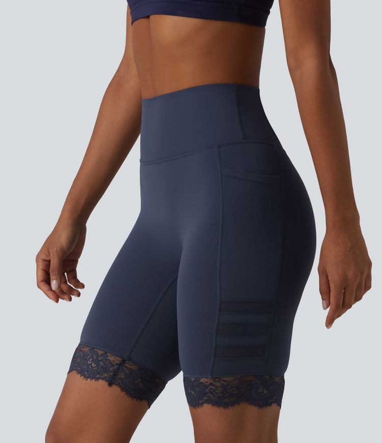 Halara UltraSculpt™ High Waisted Tummy Control Breathable Mesh Contrast Lace Yoag Biker Shorts 9'' with Pockets
