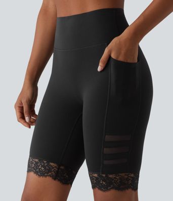 Halara UltraSculpt™ High Waisted Tummy Control Breathable Mesh Contrast Lace Yoag Biker Shorts 9'' with Pockets