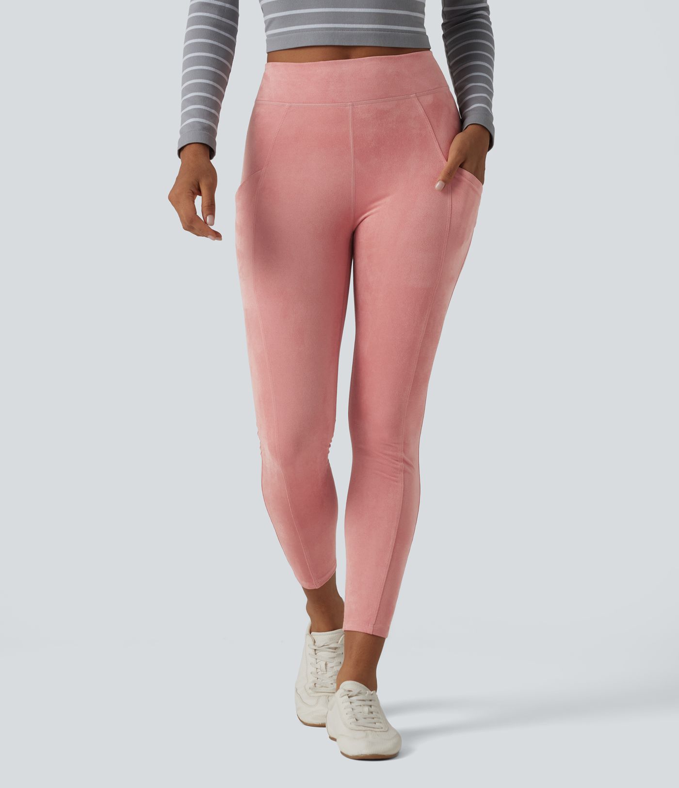 High Waisted Suede Casual Leggings with Pockets