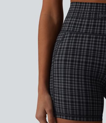 Halara UltraSculpt™ Check Plaid Print High Waisted Drawstring Yoga Biker Shorts 5'' with Pockets