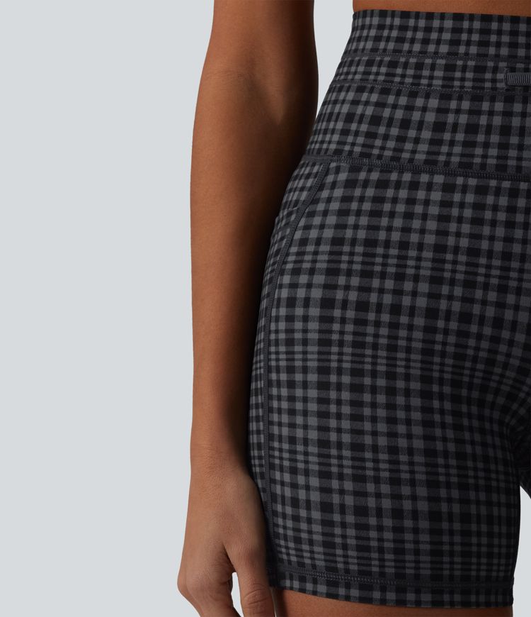 Halara UltraSculpt™ Check Plaid Print High Waisted Drawstring Yoga Biker Shorts 5'' with Pockets