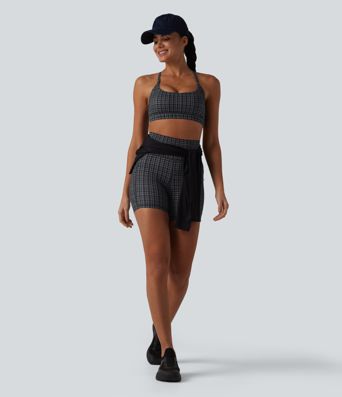 Halara UltraSculpt™ Check Plaid Print High Waisted Drawstring Yoga Biker Shorts 5'' with Pockets