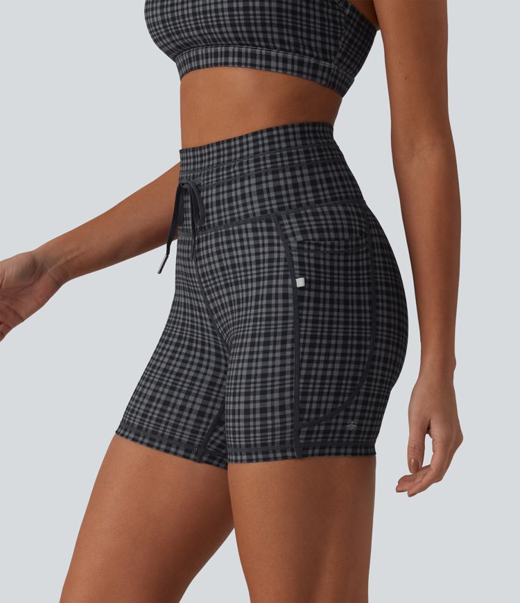 Halara UltraSculpt™ Check Plaid Print High Waisted Drawstring Yoga Biker Shorts 5'' with Pockets