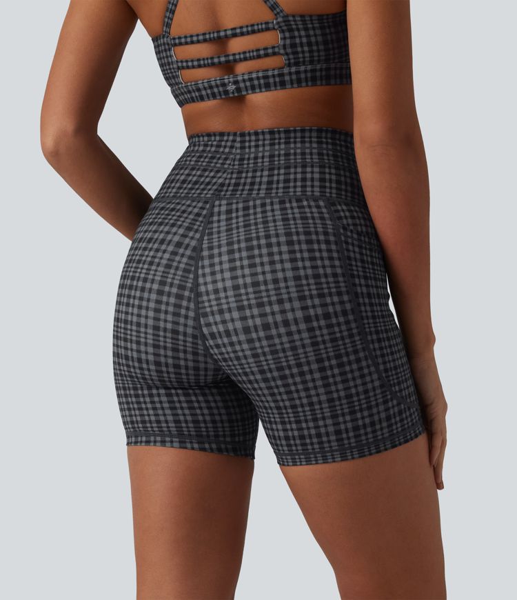 Halara UltraSculpt™ Check Plaid Print High Waisted Drawstring Yoga Biker Shorts 5'' with Pockets