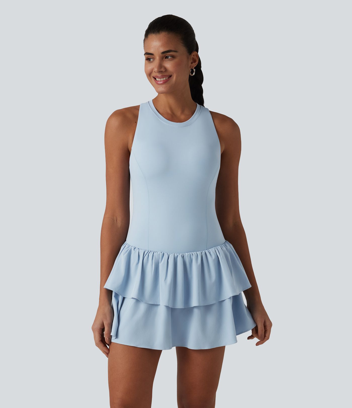 Breezeful™ Robe casual 2 en 1 sans manches dos nageur à séchage rapide, ourlet à volants étagés avec soutien-gorge intégré Breezeful™ Robe casual 2 en 1 sans manches dos nageur à séchage rapide, ourlet à volants étagés avec soutien-gorge intégré