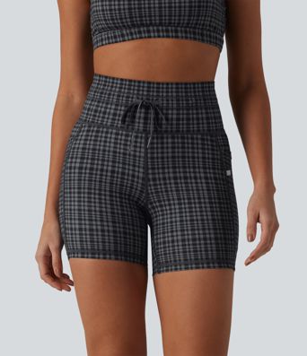 Halara UltraSculpt™ Check Plaid Print High Waisted Drawstring Yoga Biker Shorts 5'' with Pockets