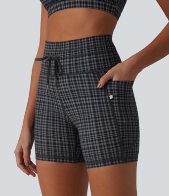 Halara UltraSculpt™ Check Plaid Print High Waisted Drawstring Yoga Biker Shorts 5'' with Pockets