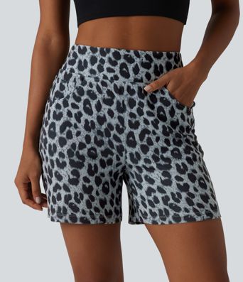 Short ample taille haute en tissu gaufré imprimé léopard 12,5 cm avec poches