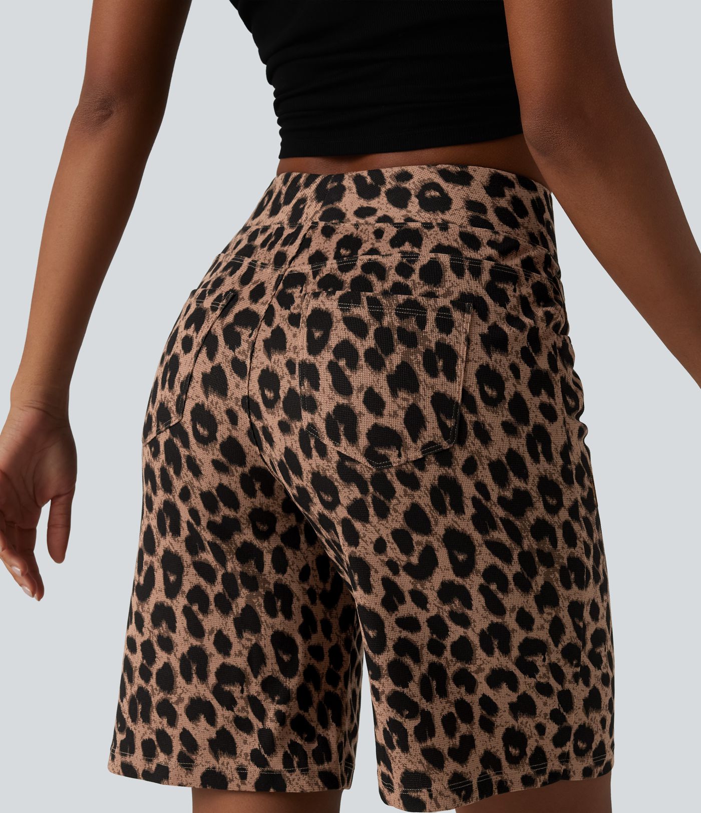 High Waisted Leopard Waffle Casual Baggy Shorts 10'' with Pockets