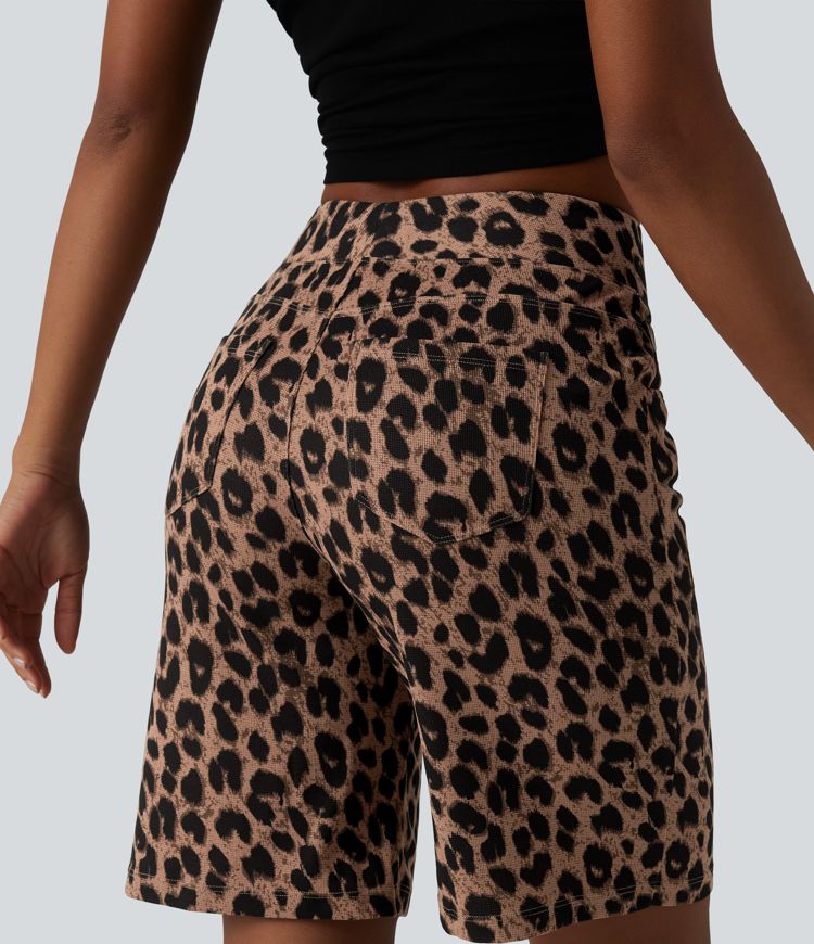 High Waisted Leopard Waffle Casual Baggy Shorts 10'' with Pockets
