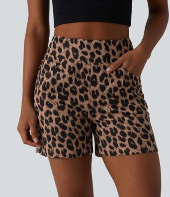 High Waisted Leopard Waffle Casual Baggy Shorts 5'' with Pockets