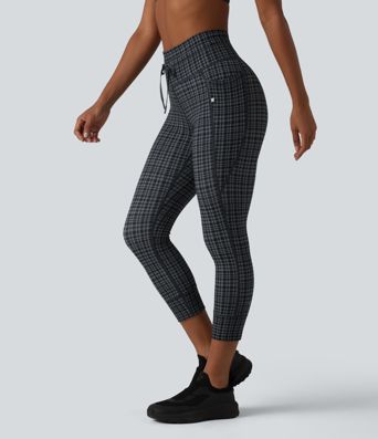 Halara UltraSculpt™ - Capri-Yoga-Leggings mit hohem Bund, Seitentaschen, Kordelzug und Karomuster