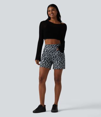 Short ample taille haute en tissu gaufré imprimé léopard 12,5 cm avec poches