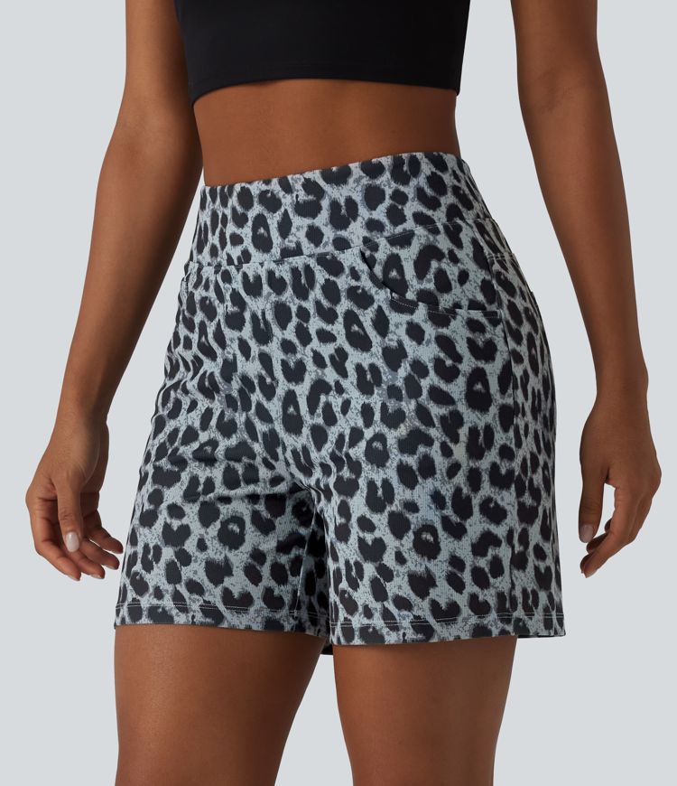 Short ample taille haute en tissu gaufré imprimé léopard 12,5 cm avec poches