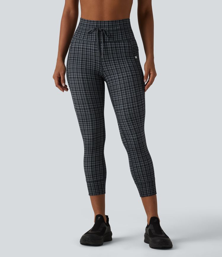 Halara UltraSculpt™ - Capri-Yoga-Leggings mit hohem Bund, Seitentaschen, Kordelzug und Karomuster