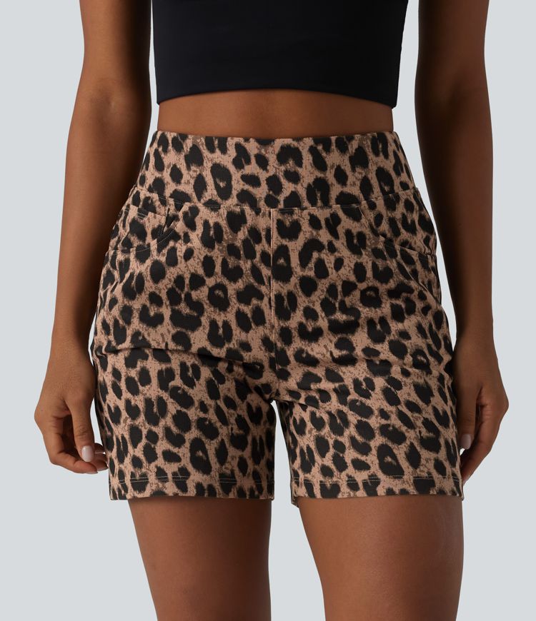 High Waisted Leopard Waffle Casual Baggy Shorts 5'' with Pockets