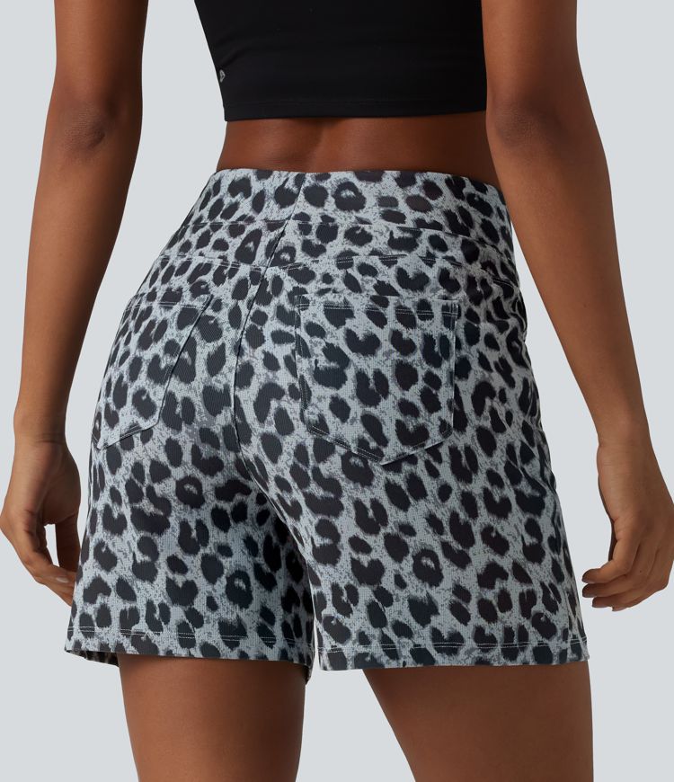 Short ample taille haute en tissu gaufré imprimé léopard 12,5 cm avec poches