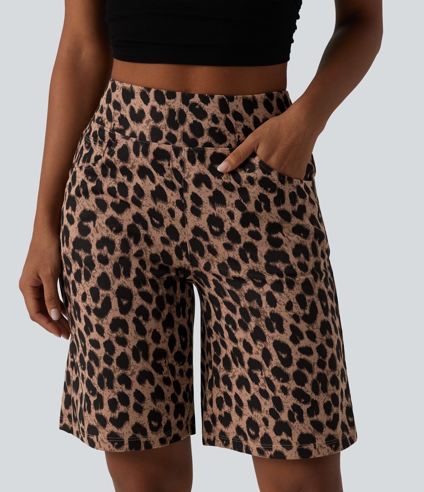 High Waisted Leopard Waffle Casual Baggy Shorts 10'' with Pockets