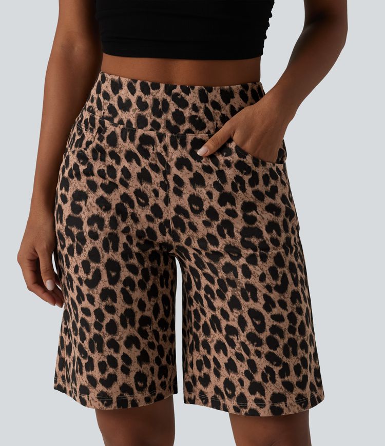 High Waisted Leopard Waffle Casual Baggy Shorts 10'' with Pockets