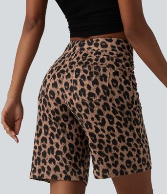 High Waisted Leopard Waffle Casual Baggy Shorts 10'' with Pockets