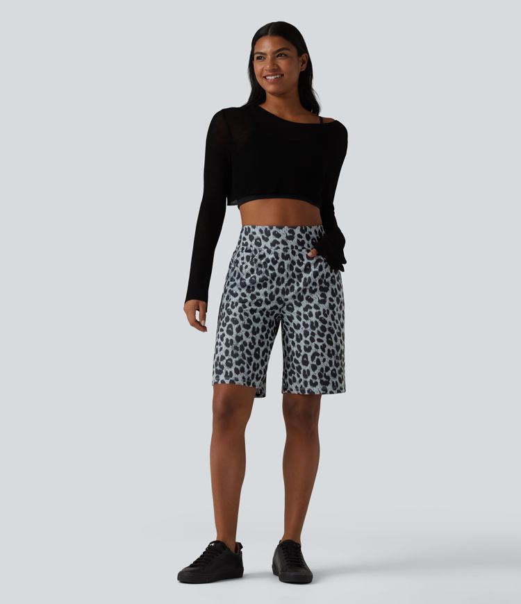 High Waisted Leopard Waffle Casual Baggy Shorts 10'' with Pockets