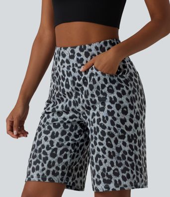 High Waisted Leopard Waffle Casual Baggy Shorts 10'' with Pockets