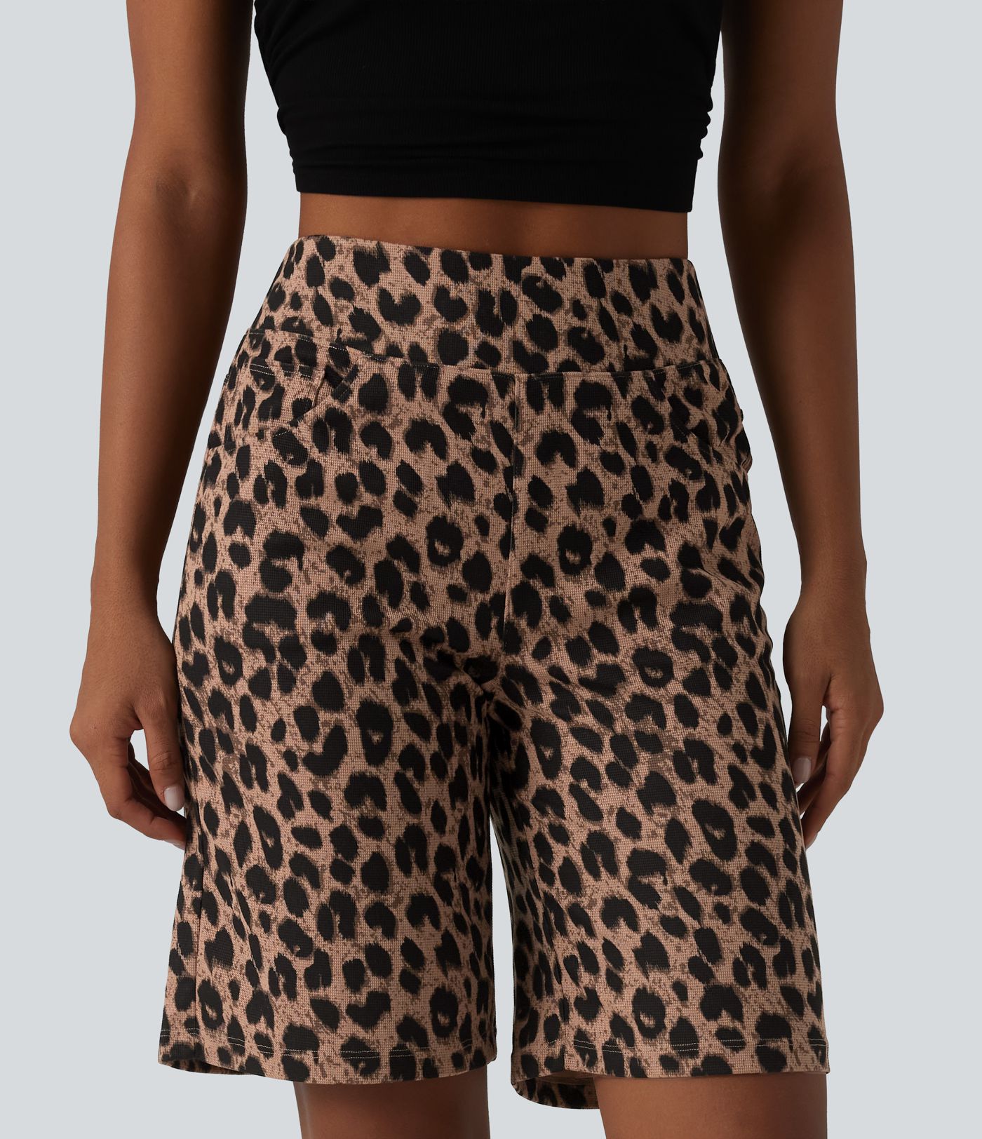High Waisted Leopard Waffle Casual Baggy Shorts 10'' with Pockets